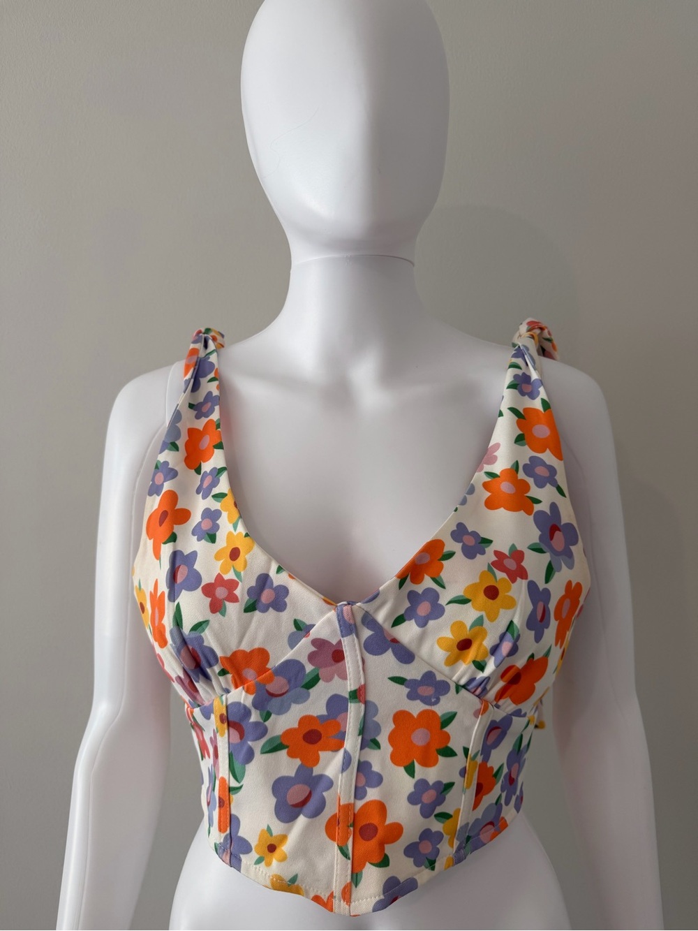 Floral V-Neck Crop Top in Cream and Orange